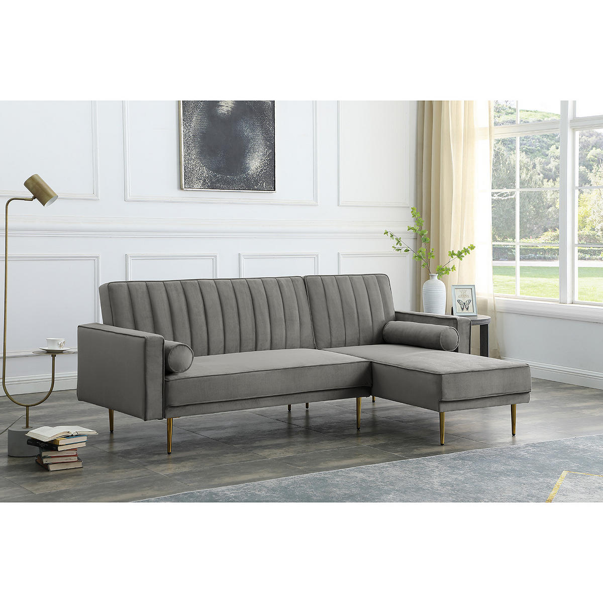 ECKSOFA mit Schlaffunktion - Dunkelgrau/Goldfarben, Textil/Metall (223/144cm) - home24