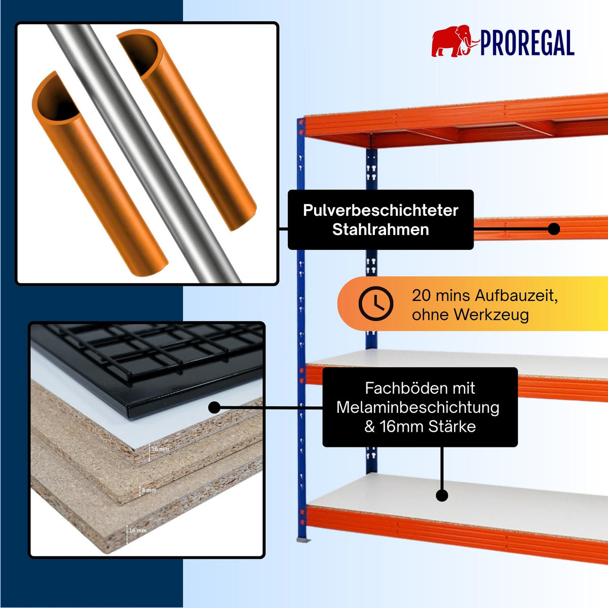 SCHWERLASTREGAL Rhino 200x200x60 cm 4 Melamin-Ebenen 16mm Fachlast 500 kg Blau/Orange - Blau/Orange, Metall (200/200/60cm) - PROREGAL