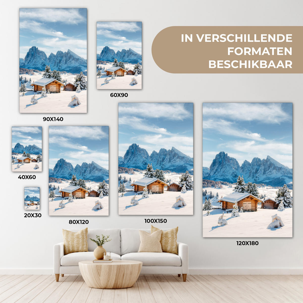 LEINWANDBILD Winter - Hütte - Berge - Aussicht - Schnee Wanddeko Schlafzimmer 60x90 cm - Eichefarben, Textil (60/90cm) - MuchoWow