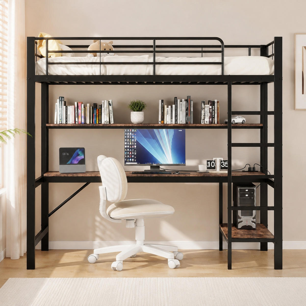 HOCHBETT 90/200 mit LED USB Steckdose und Schreibtisch in Schwarz - Schwarz, Holz/Holzwerkstoff (90/200cm) - EVRYAE