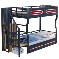 HOCHBETT 90/200 cm aus Metall und MDF mit LED-Beleuchtung, Stauraumtreppe und Sicherheitsgitter, Schwarz - Schwarz, Metall (90/200cm) - Redom