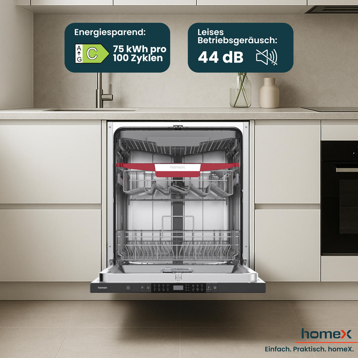 GESCHIRRSPÜLER vollintegrierbar 60 cm, Einbau Spülmaschine - 14 Maßgedecke, 8 Programme, AquaStop, Bodenlicht - Silberfarben, Kunststoff/Metall (59.8/81.5/55cm) - homeX