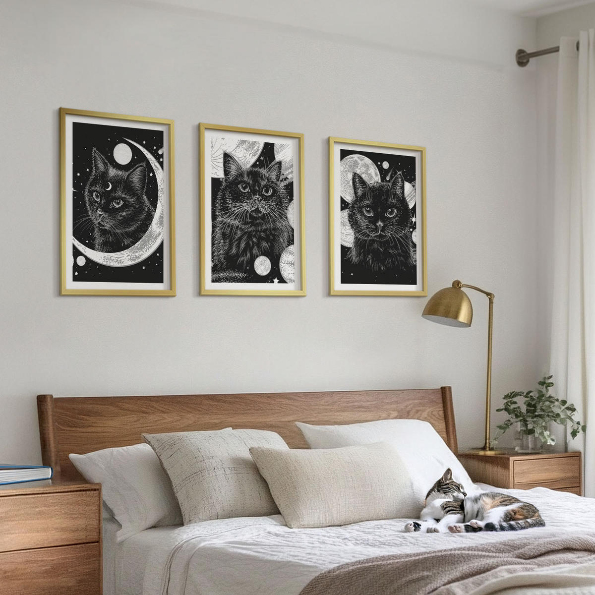 BILDER SET 3er Set - 40x60 cm Goldrahmen - Schwarze Katzen, Mond, Weltraum - Goldfarben, Kunststoff (40/60cm) - TULUP