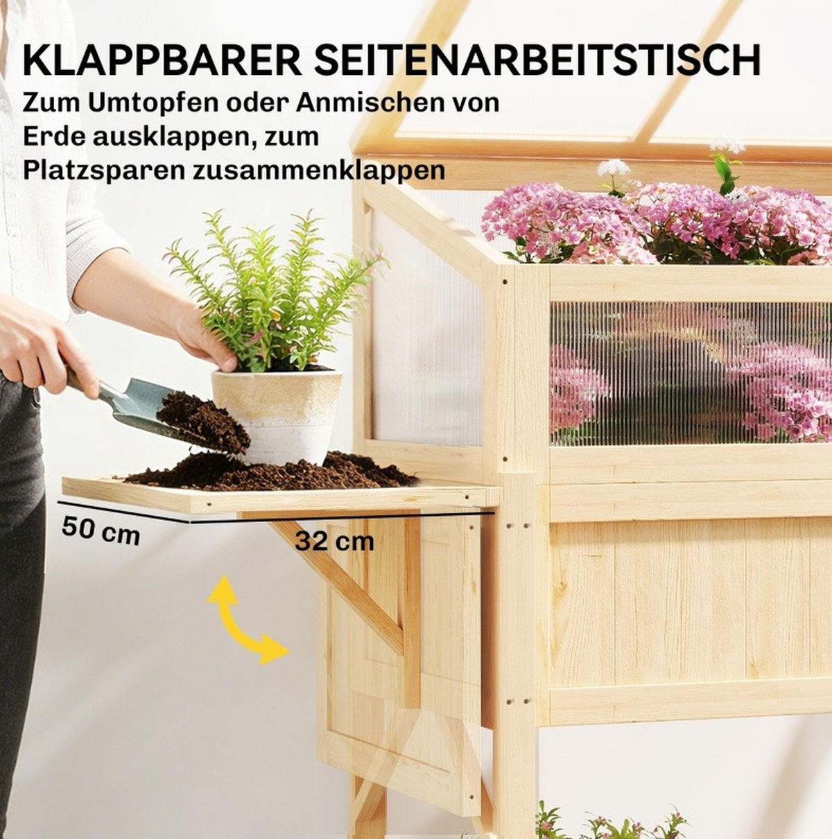HOCHBEET 104x50x120cm mit Gewächshaus und Klapptisch - Naturfarben, Holz (50/102/104cm) - Modfu