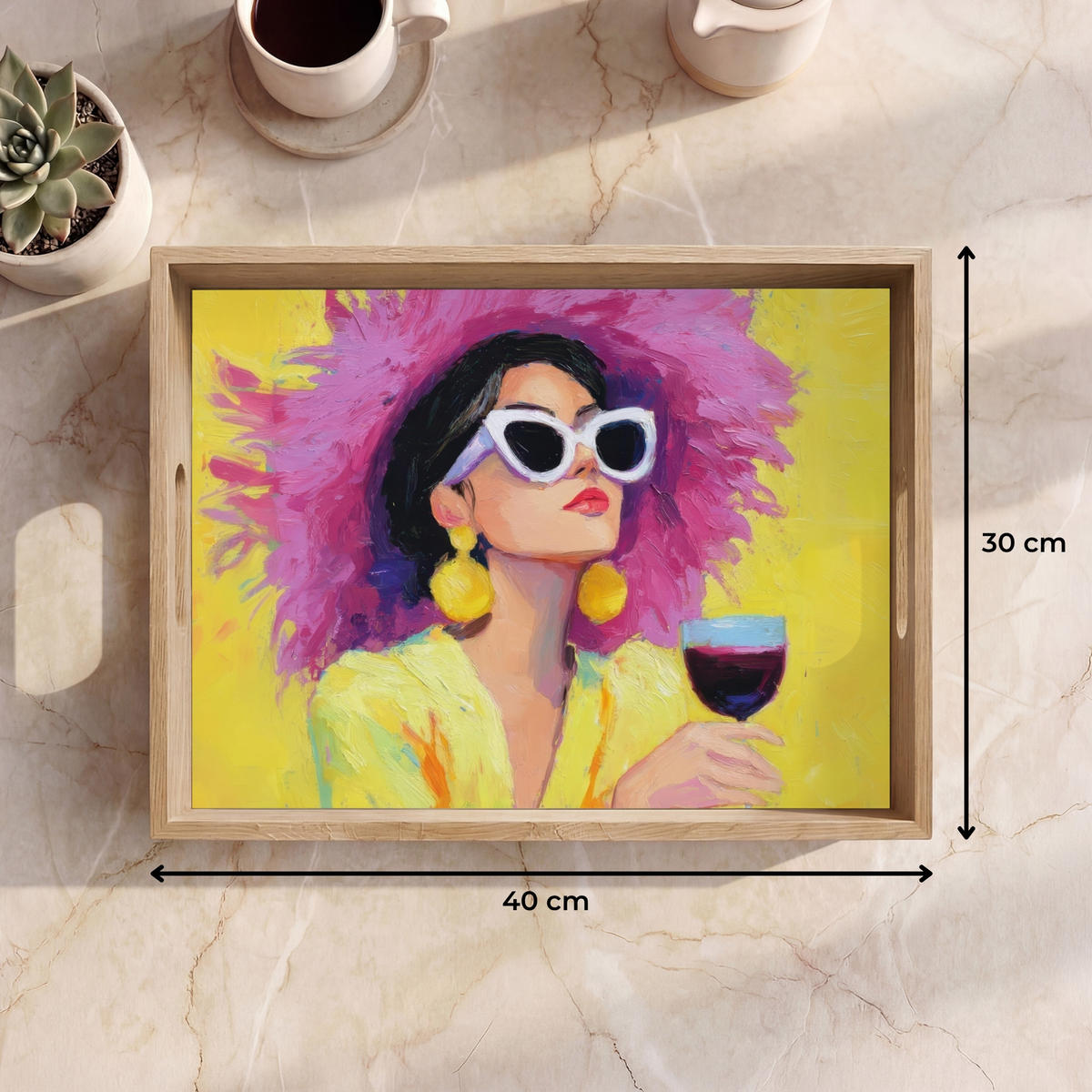 SERVÍROVACÍ PODNOS Žena - Klobouk - Fialová - Víno 40x30 cm - žlutá, dřevo (40/5/5cm) - OnlyWow