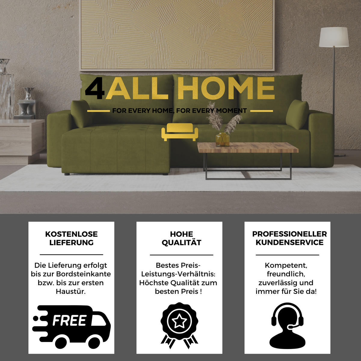 ECKSOFA Tico mit Bettkasten und Schlaffunktion, L-Form/XL-Form, Velourstoff, Universal - Olivgrün, Holzwerkstoff (276/145cm) - 4ALL HOME