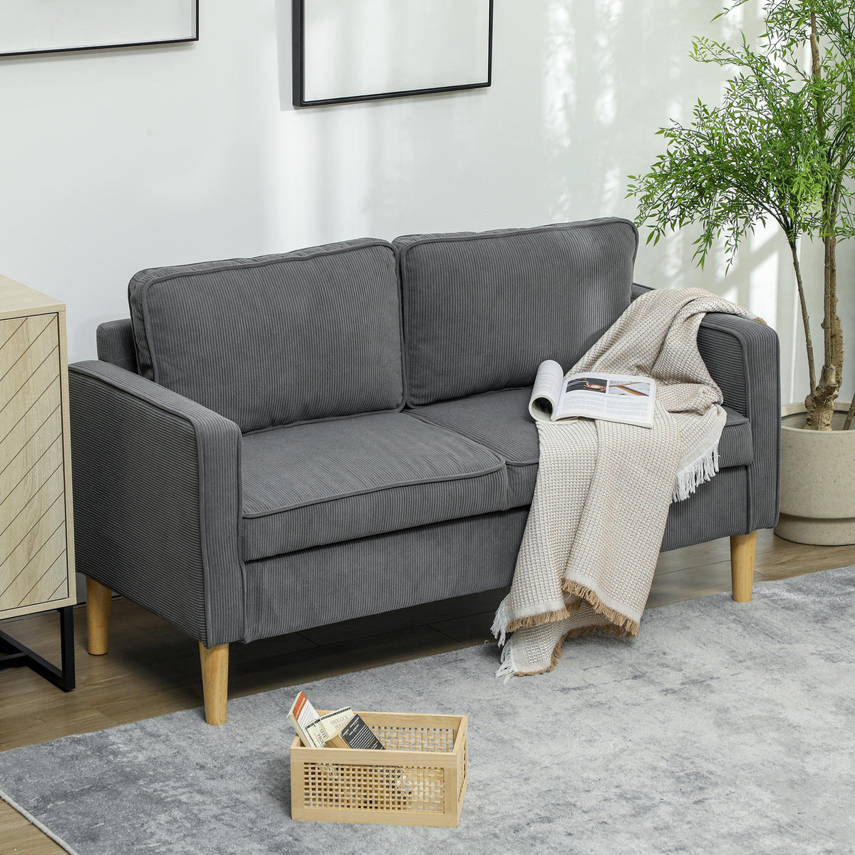 SOFA, 2-Sitzer, Stauraum, 2 Kissen, Samt/Stoff, Holzoptik, grau, 140x63x79cm - Multicolor, Holzwerkstoff (140/79/63cm) - FORIOUS