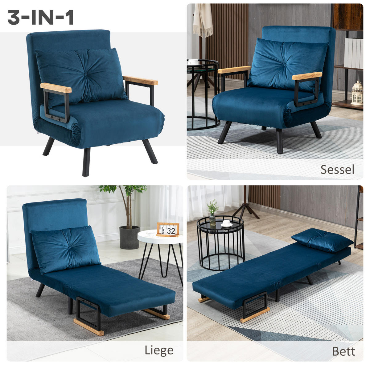 SCHLAFSESSEL in Blau 73x63x81 cm mit Bettfunktion und 5-fach verstellbarer Rückenlehne - Blau, Textil (63/81/73cm) - IVMEU