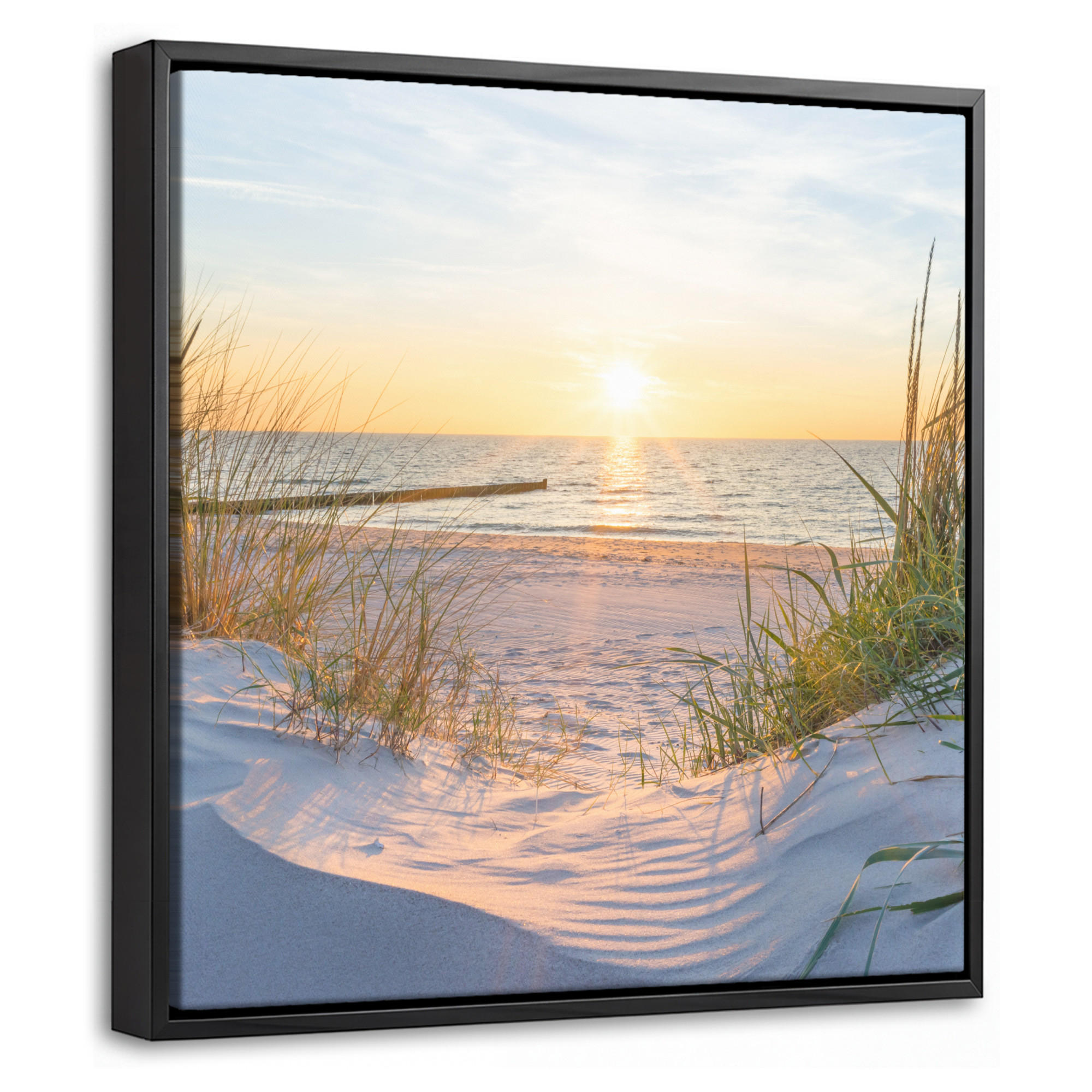 LEINWAND Bilder mit Rahmen - Strand - Sonne - Düne - Gras - Sand - Horizont - 20x20 - Hellblau, Textil (20/20cm) - MuchoWow