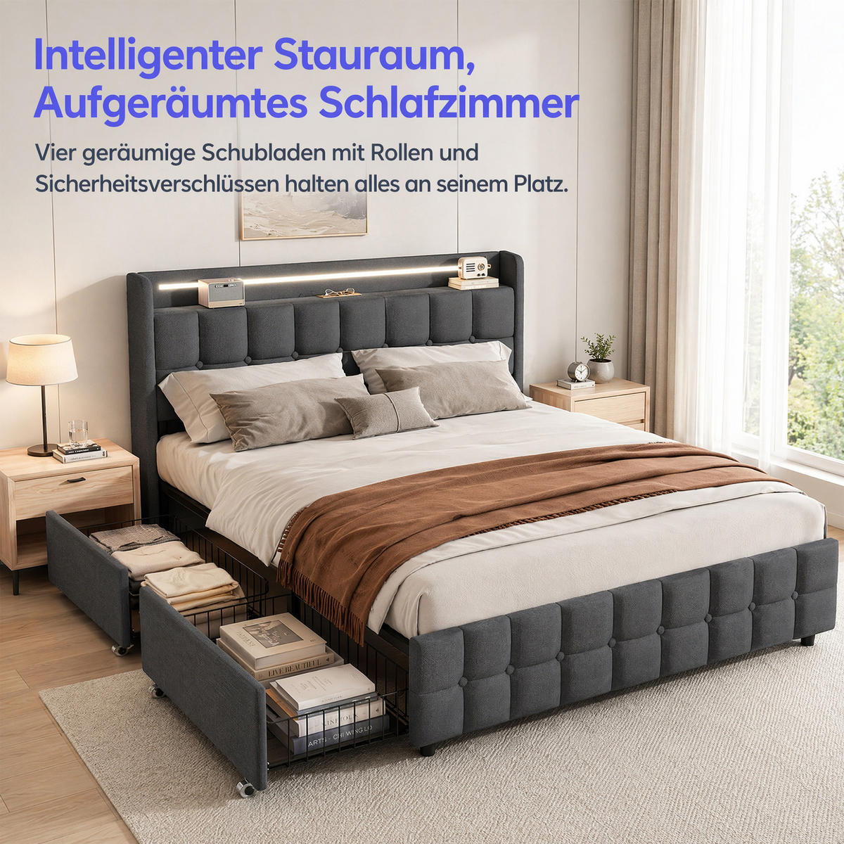 POLSTERBETT 160x200 mit Stauraum, Bettgestell 160x200 mit 4 Schubladen, Kopfteil mit USB und LED, Lattenrost, Bezug aus Leinen, Grau - Grau, Holz/Holzwerkstoff (160/200cm) - GENKI LIVING