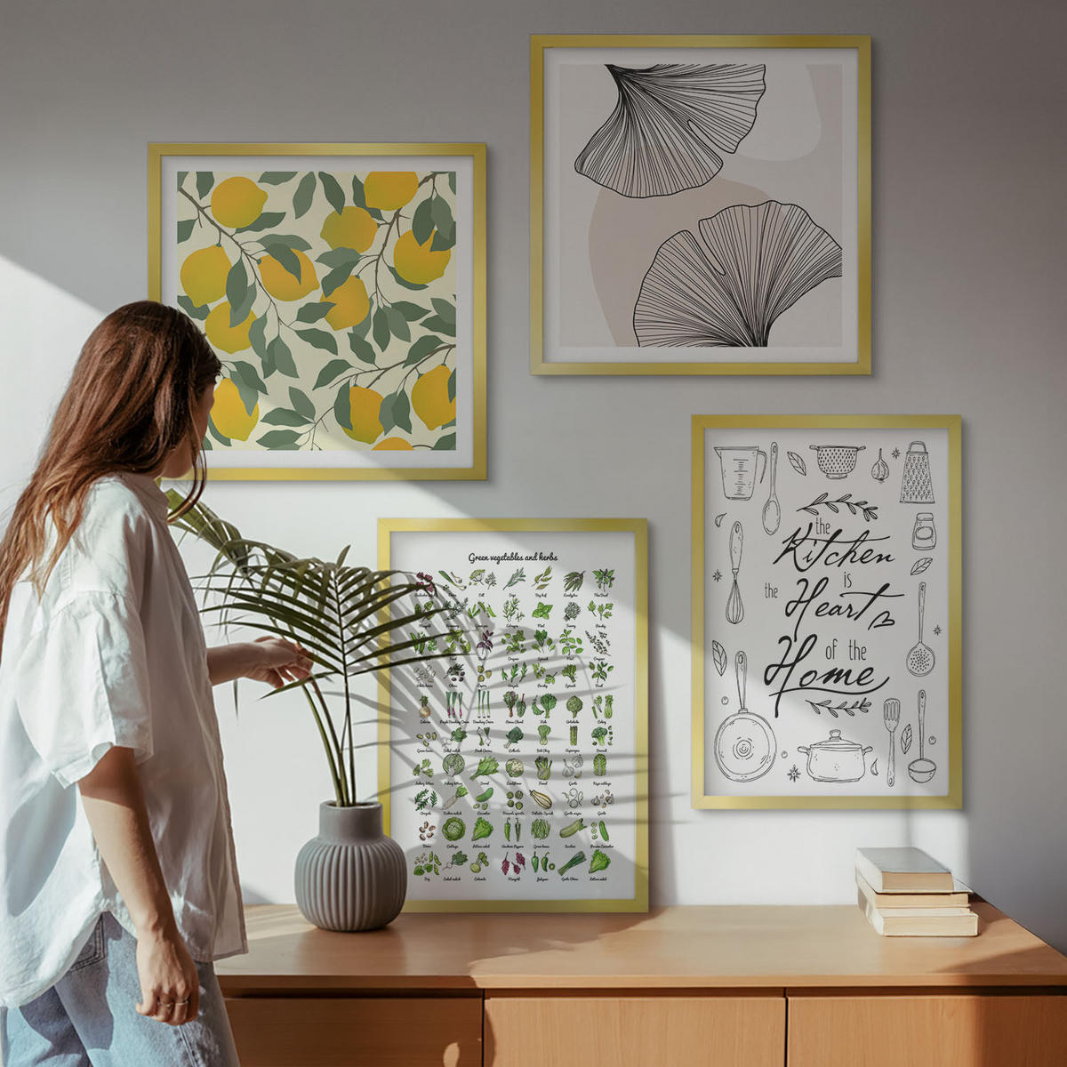 BILDER SET 4er Set - 50x50 cm & 40x60 cm Goldrahmen - Küchenkräuter-Zitronen-Malerei - Goldfarben, Kunststoff (50/50cm) - TULUP