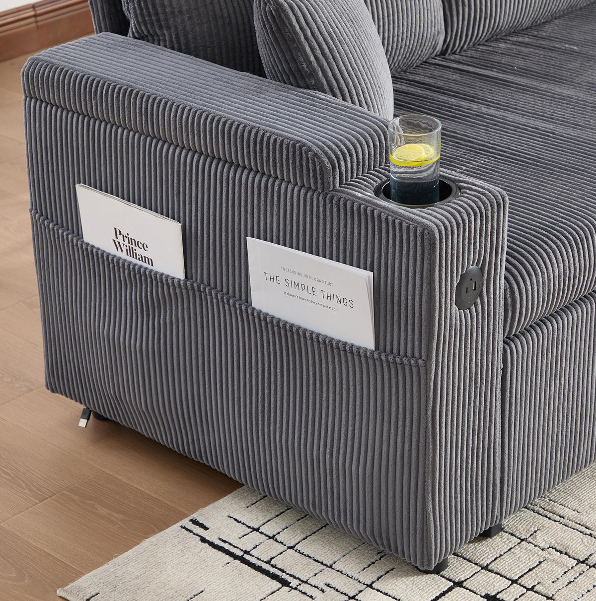 SOFA 212,5/136/86 cm aus Cord mit Stauraum und USB-C - Anthrazit, Textil (136/86/212.5cm) - Flora Grace