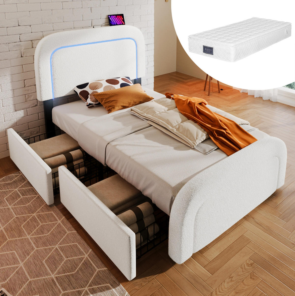 POLSTERBETT 90/200 cm aus Sherpa mit LED, USB-C und 2 Schubladen Weiß - Weiß, Fell (90/200cm) - Modenvie