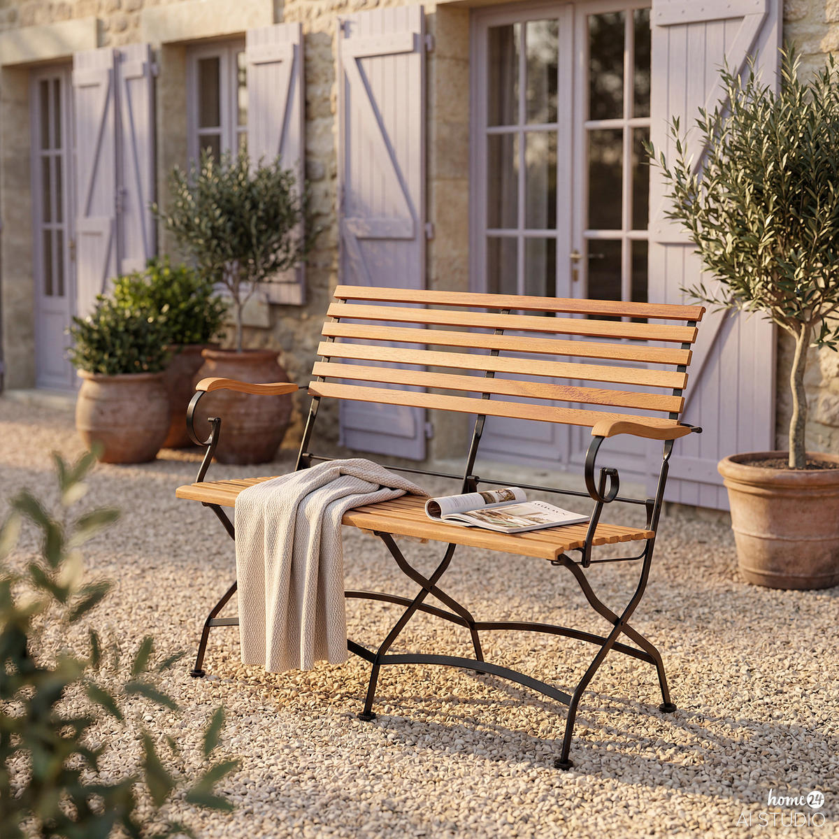 GARTENBANK - Akazie massiv / Stahl - Akazie / Schwarz - Schwarz/Akaziefarben, Holz/Metall (121/89/55cm) - home24