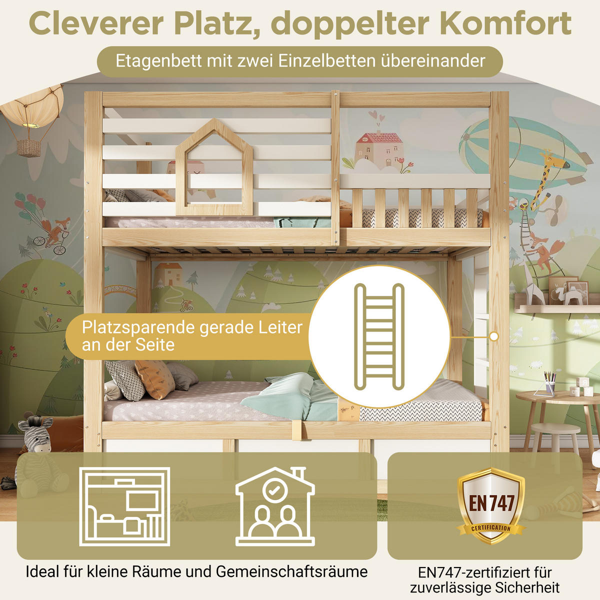 ETAGENBETT 90/200 cm & 90/200 cm in Weiß & Eichefarben mit Stauraum und Sicherheitsgeländer im Hüttenstil - Weiß/Naturfarben, Holzwerkstoff (90/200cm) - STILVORA