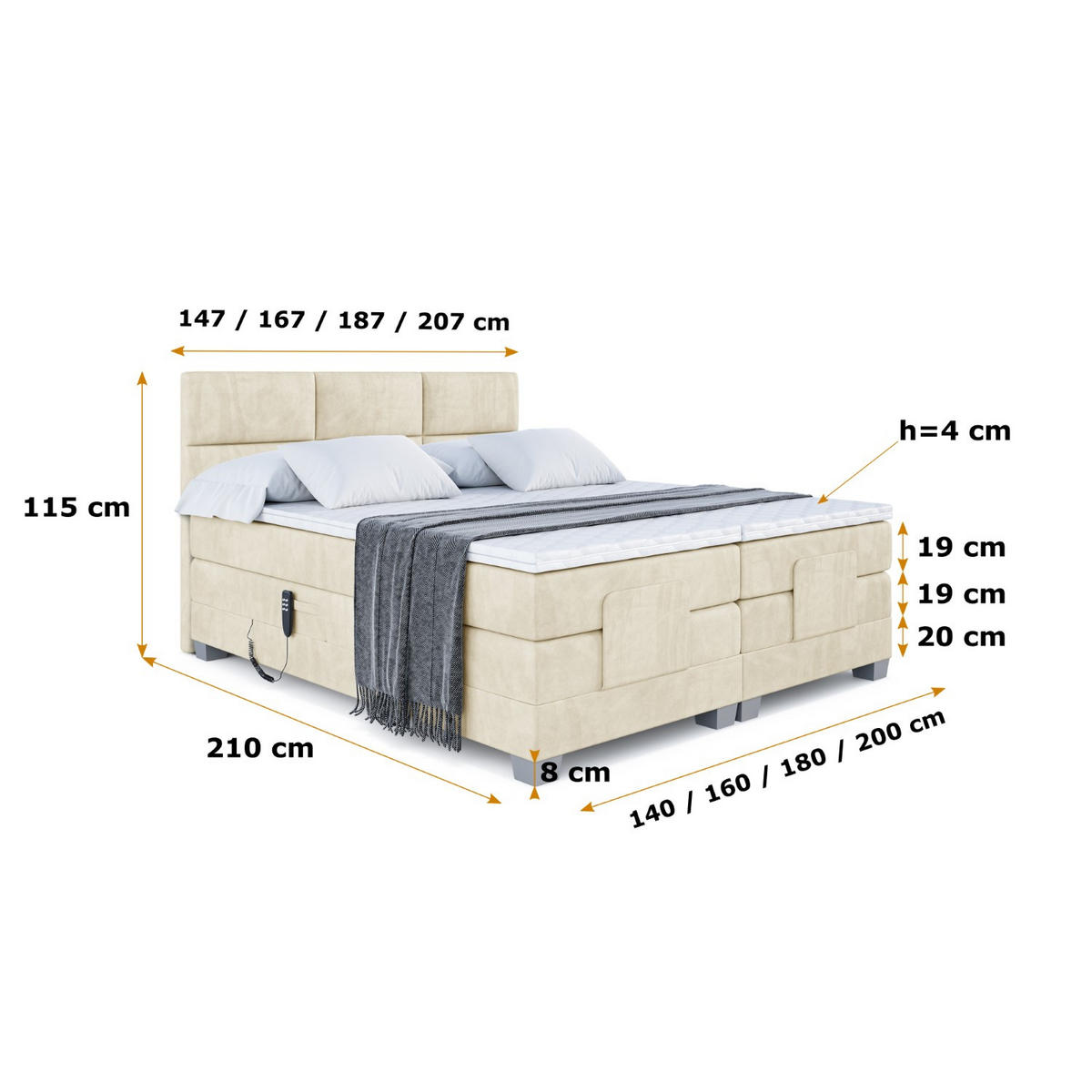 BOXSPRINGBETT elektrisch verstellbar mit 2 Matratzen H4/Taschenfederung PROT EL 140 x 200 Beige - Beige, Holzwerkstoff (147/200cm) - ALTDECOR
