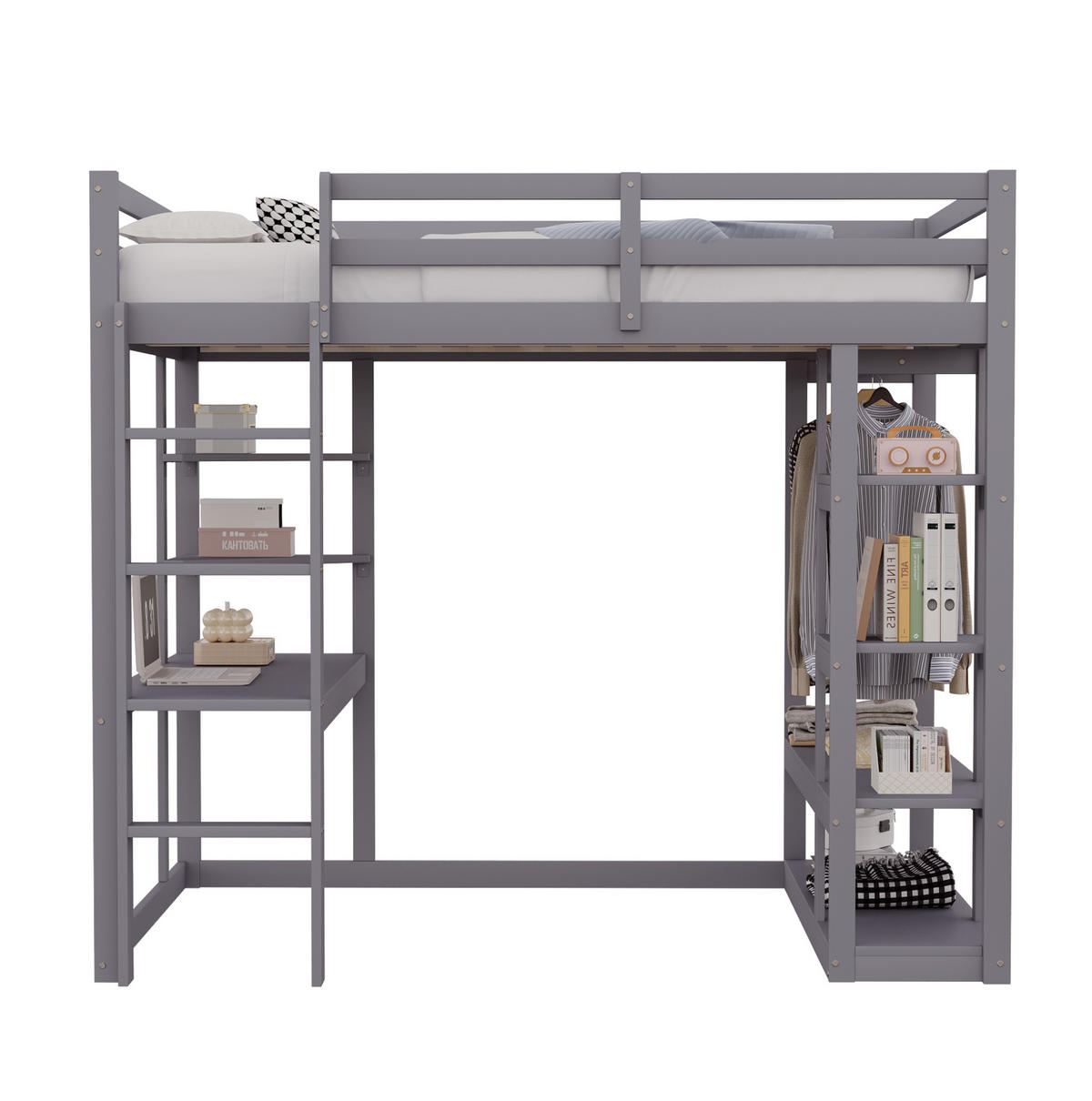 HOCHBETT aus Kiefernholz 140x200 cm Grau mit Schreibtisch, Regalen und Kleiderstange - Grau, Holzwerkstoff (140/200cm) - IVMEU