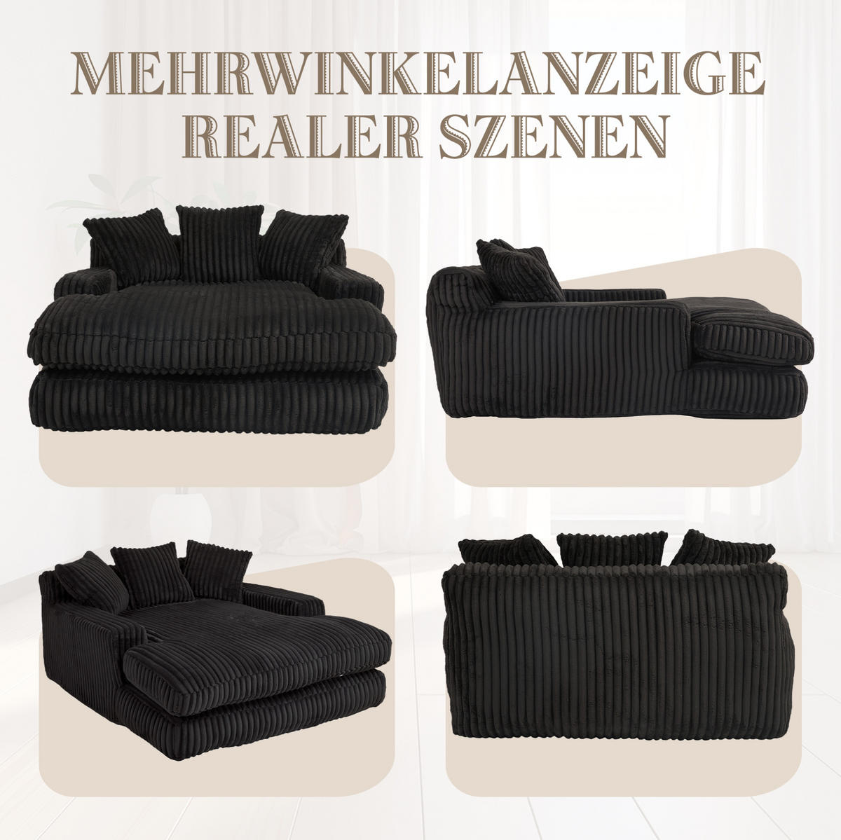 BIGSOFA 125/155/63 cm in Schwarz – bodennahes Kordsofa mit 3 Kissen - Schwarz, Textil (63/125/155cm) - BEAOK