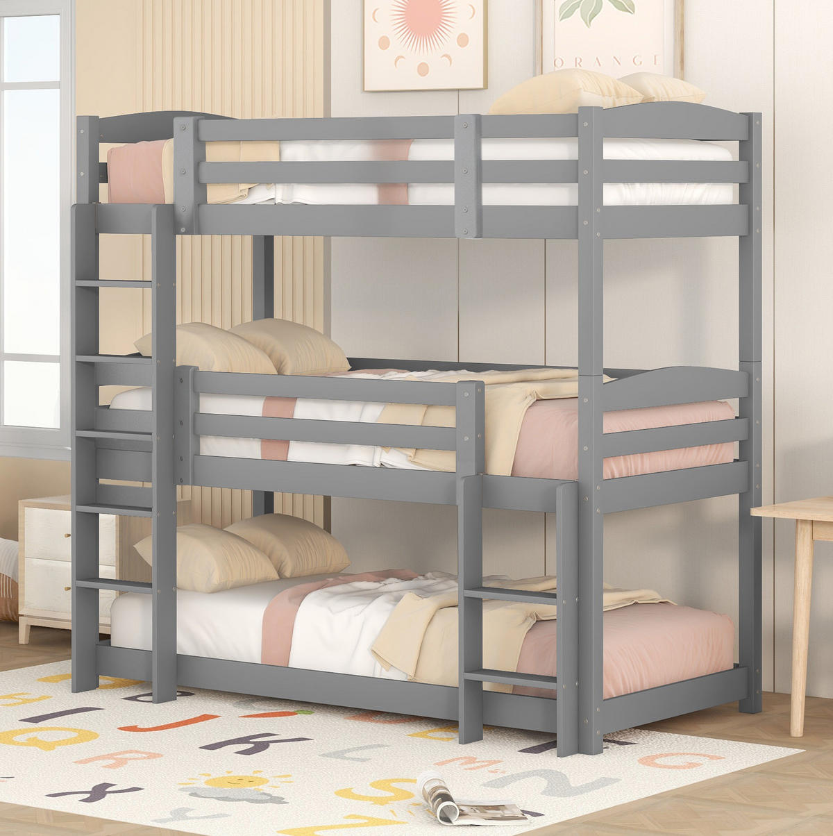 ETAGENBETT 90/200 cm aus Kiefernholz in Grau – 3 Schlafplätze, umbaubar - Grau, Holz - BEAOK