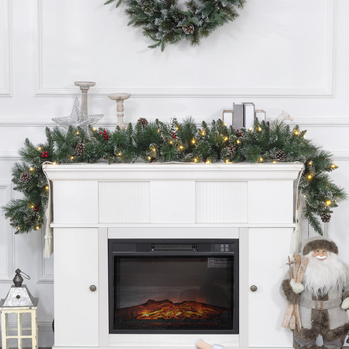 1,8 m künstliche Weihnachtsgirlande mit Lichterkette Blumendekoration Grün - Grün, Kunststoff/Metall (180cm) - HOMCOM