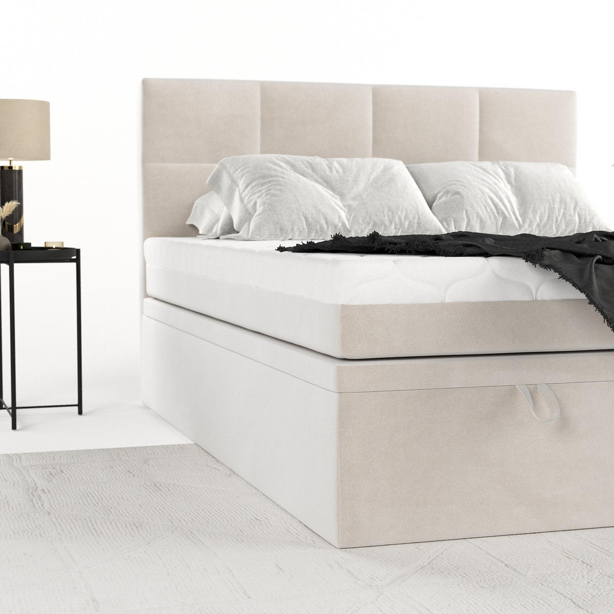 BOXBETT Tessa 180/200 cm Creme im Paros Stoff - Creme/Schwarz, Holz/Holzwerkstoff (180/200cm) - AltaBeds