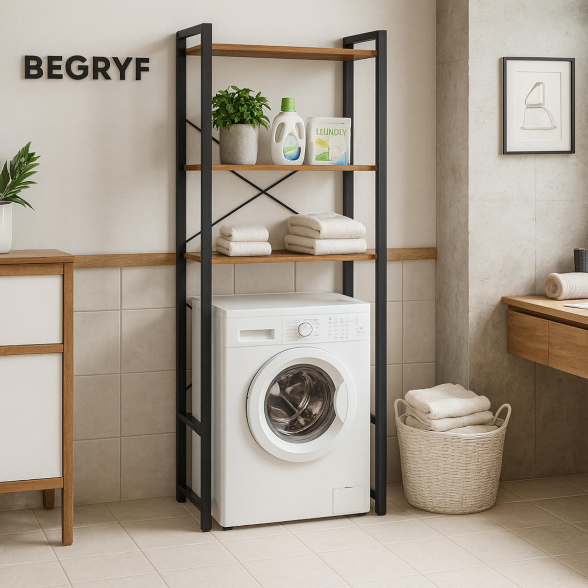 STANDREGAL Holzoptik Metall Dunkelbraun Schwarz für Waschmaschine 186×66×30 cm - Dunkelbraun/Schwarz, Holzwerkstoff/Metall (66/186/30cm) - Begryf