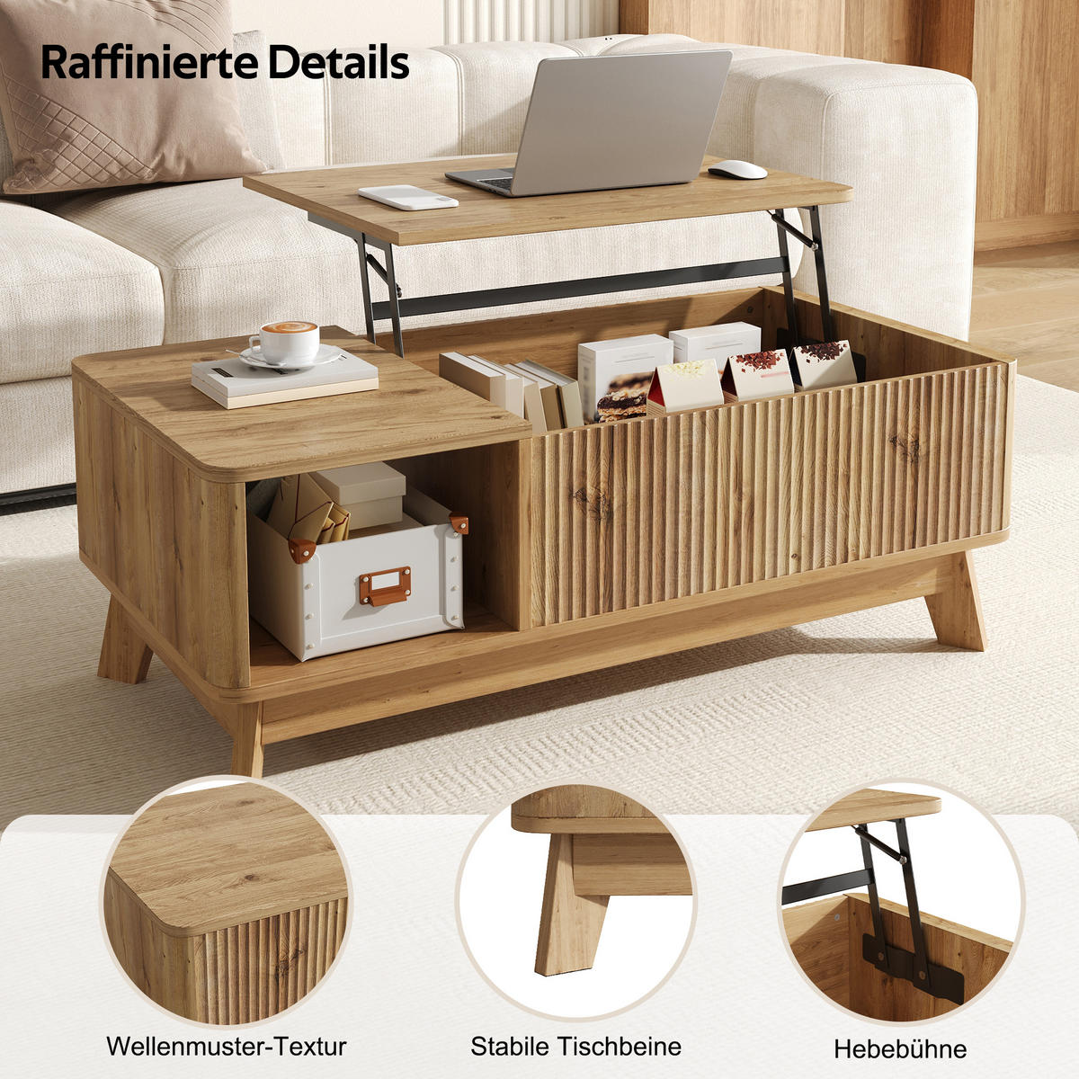 COUCHTISCH holzoptik & 3d-wellen-design mit lift-funktion & verstecktem stauraum - Naturfarben, Holzwerkstoff (48/95/50cm) - Urban Meuble