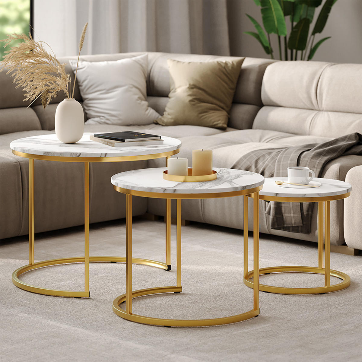 COUCHTISCH-SET Montreal Weiß/Gold 55 x 55 cm 3 Teile - Goldfarben/Weiß, Holzwerkstoff (55/55/44.5cm) - Vicco