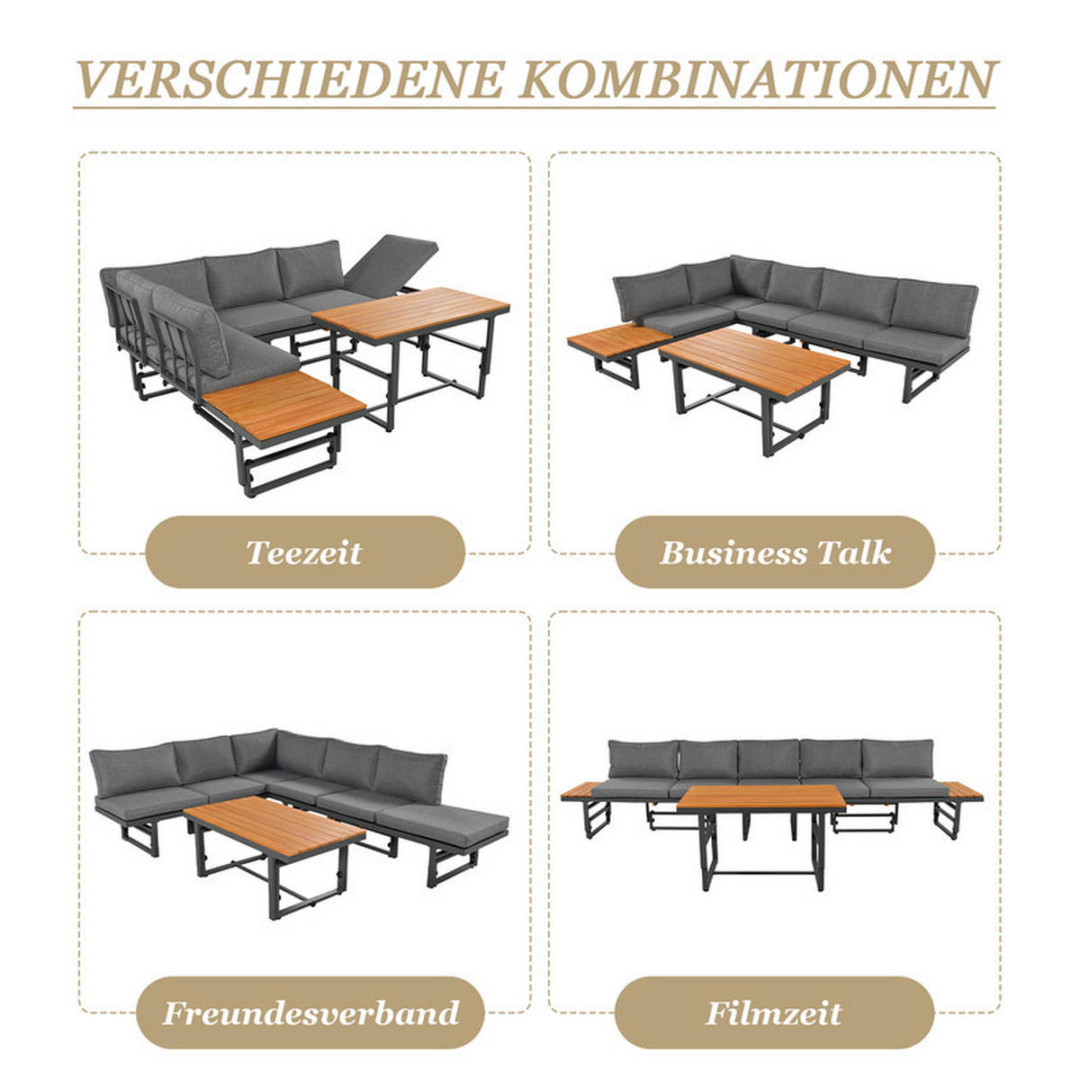 GARTENLOUNGE-SET GRAU 3-teilig mit 2 Sofas Akazienholz verstellbarer Lehne inkl. Kissen - Grau, Textil - BLACKCUP