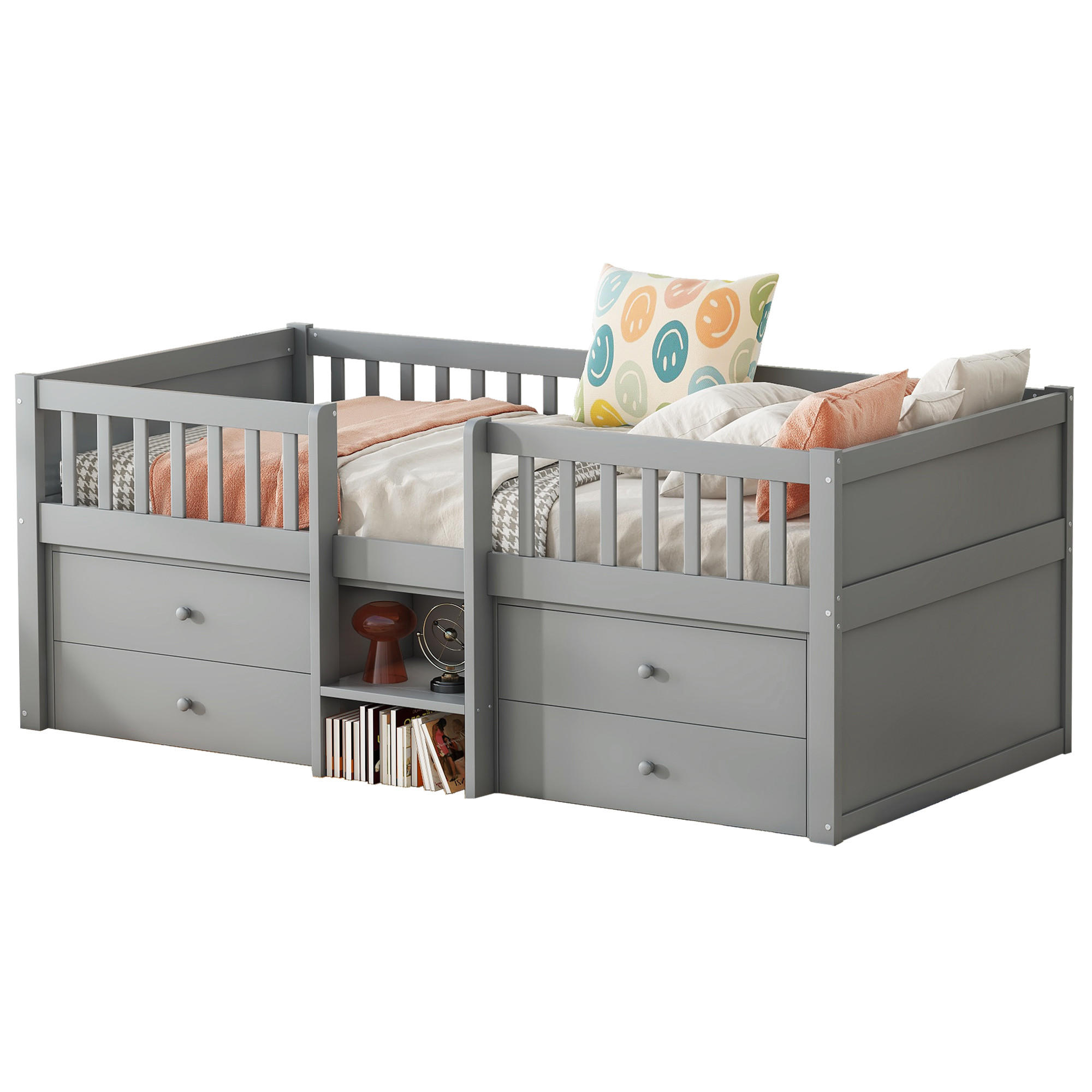 HOCHBETT 90/200 cm grau mit 4 Schubladen und Sicherheitsgeländer - Grau, Holz (90/200cm) - OKWISH