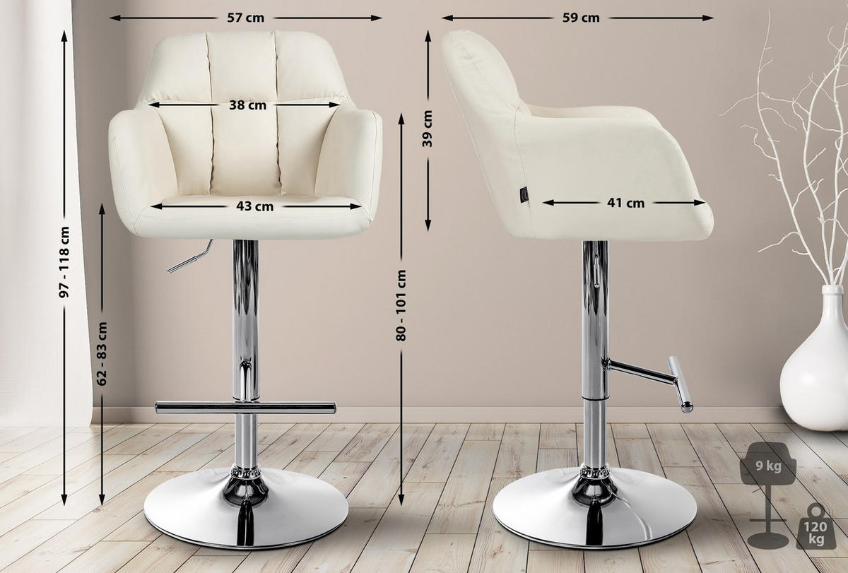 BARHOCKER Natoma Kunstleder 97-118x57x59 cm creme - Creme, Leder (57/97/59cm) - furnicato