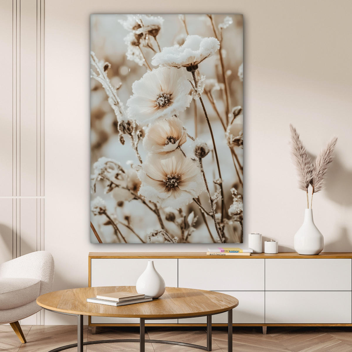 LEINWANDBILD Blumen - Winter - Weiß - Schnee - Beige Deko Groß 90x140 cm - Creme, Textil (90/140cm) - MuchoWow