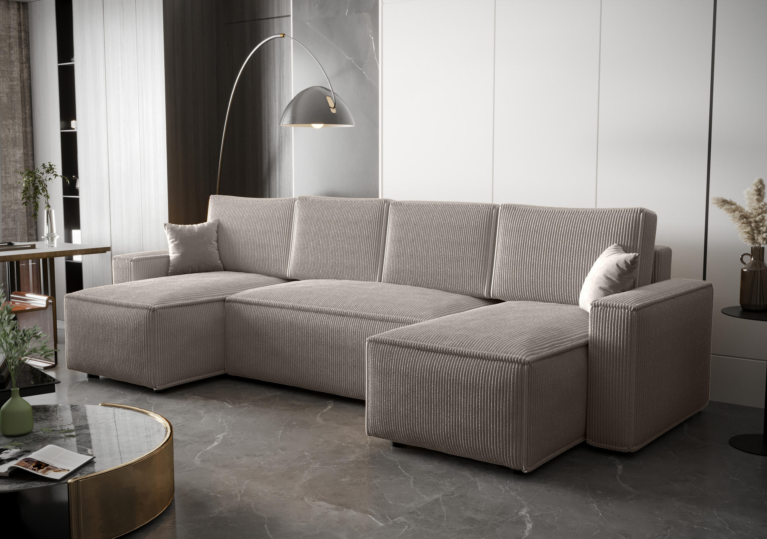 WOHNLANDSCHAFT U AMBRO Poso 100 mit Schlaffunktion U-Form, Sofa mit Stauraum - Creme, Textil (300/85/143cm) - Bedante