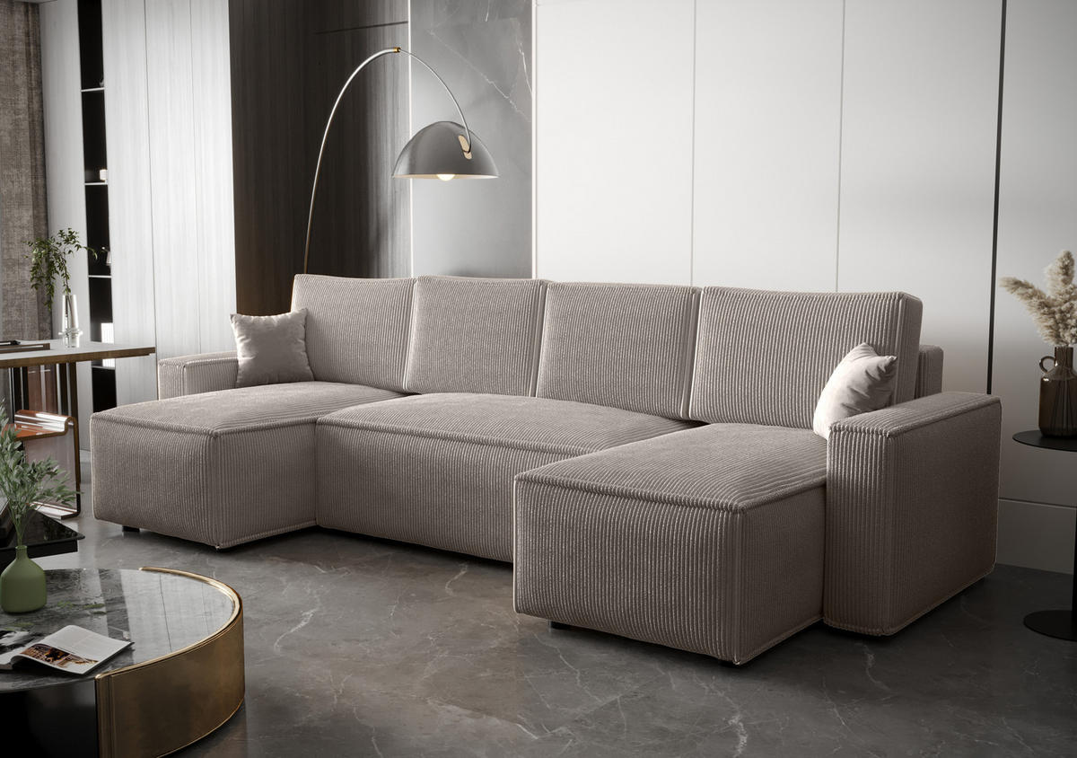 WOHNLANDSCHAFT U AMBRO Poso 100 mit Schlaffunktion U-Form, Sofa mit Stauraum - Creme, Textil (300/85/143cm) - Bedante