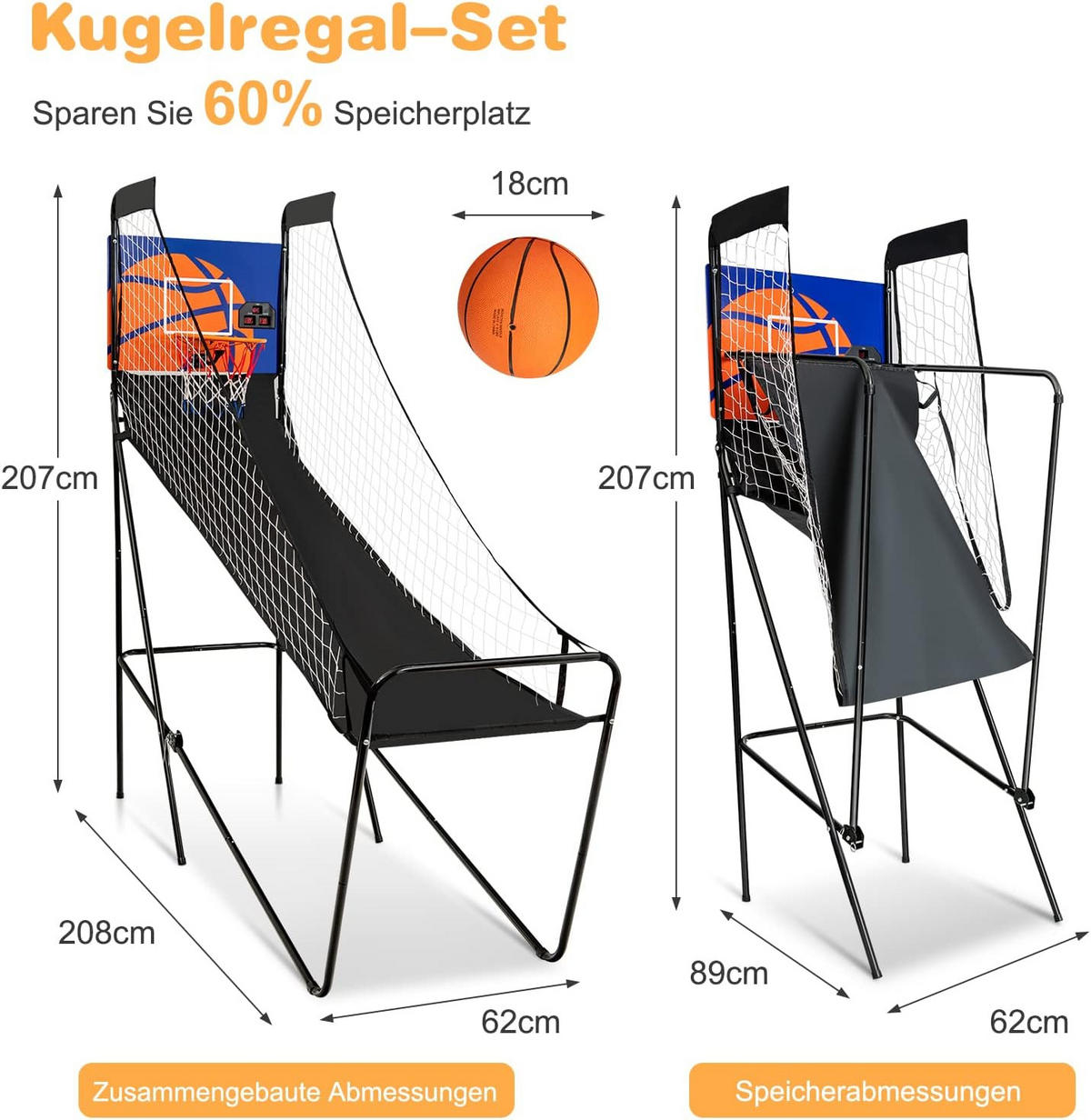 ARCADE-BASKETBALLSPIEL klappbar Schwarz - Schwarz, Metall (62/208cm) - COSTWAY