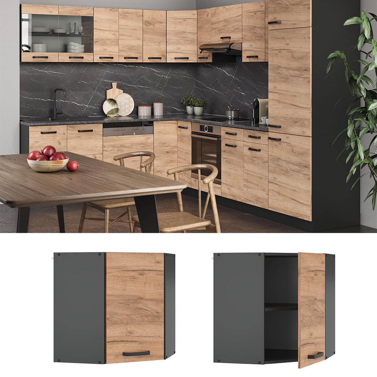 ECKHÄNGESCHRANK R-Line Goldkraft Eiche 57 cm - Honigeiche/Anthrazit, Holzwerkstoff (57/60/34.1cm) - Vicco