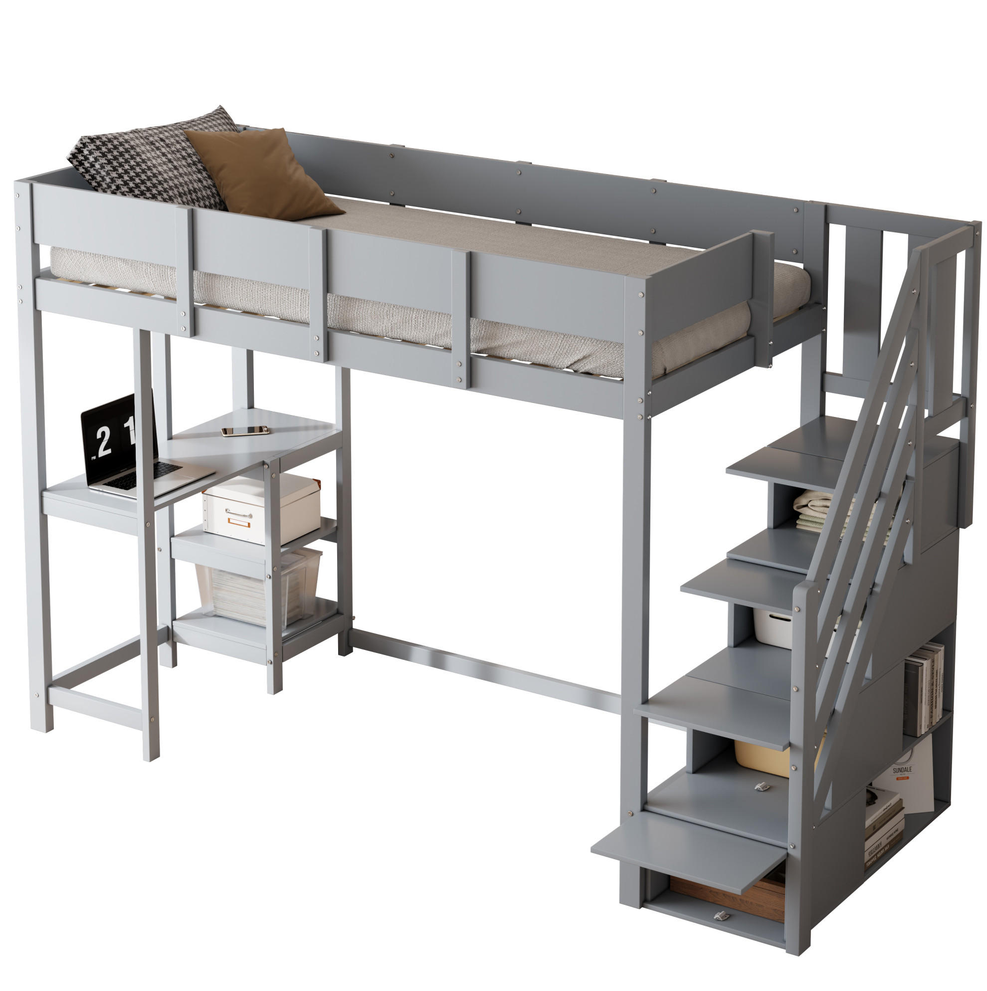HOCHBETT 90/200 cm grau mit Stauraum und Ablage aus massivem Kiefernholz - Grau, Holz (90/200cm) - OKWISH