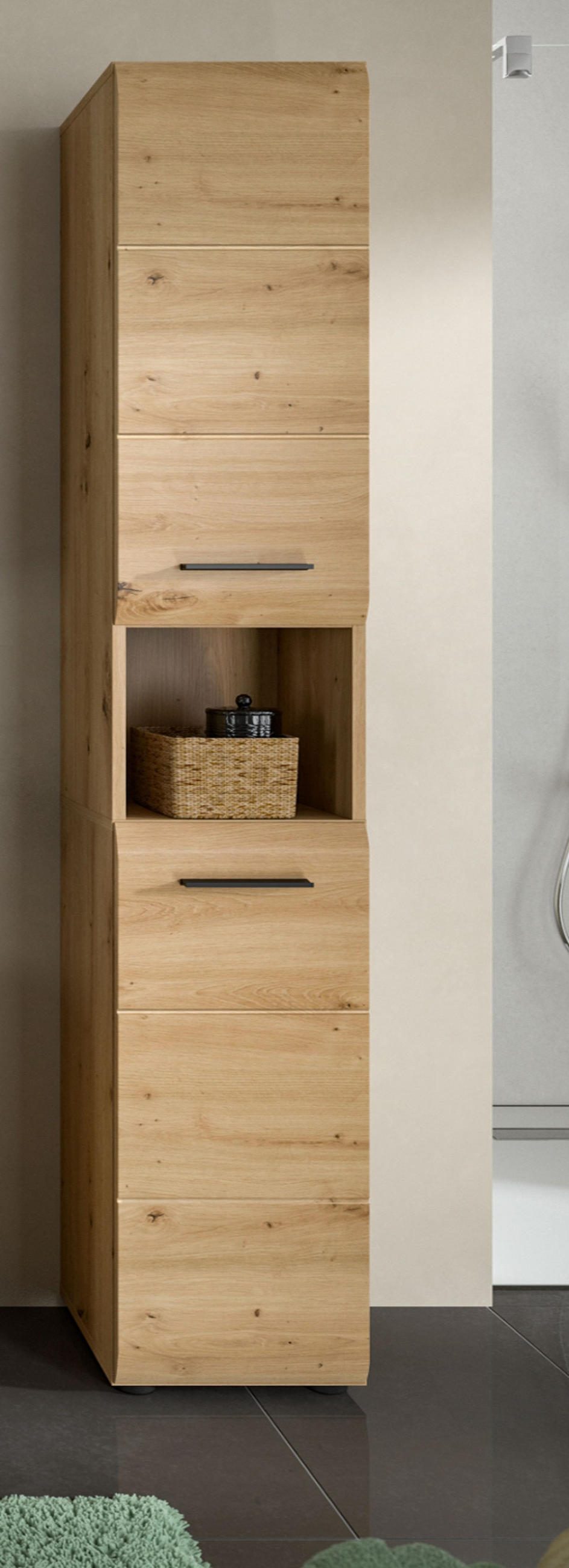 HOCHSCHRANK Eiche Artisan, Badschrank 30 x 185 cm, Türanschlag wechselbar, Cover - Schwarz/Eiche Artisan, Holzwerkstoff/Kunststoff (30/185/30cm) - Inn.Furn