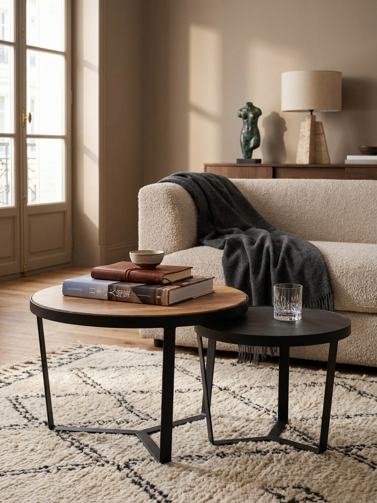 COUCHTISCH Set rund – Akazie Massivholz, Steinoptik, Metallgestell, Braun-Anthrazit - Schwarz, Holz/Metall (60/60/40cm) - KADIMA DESIGN