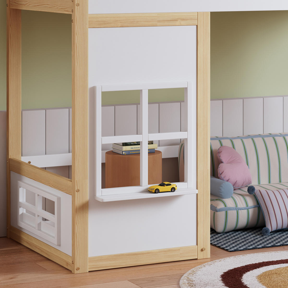ETAGENBETT aus Kiefer und MDF 90x200 cm Weiß/Natur mit Treppe, Fallschutz und Hausdesign - Weiß, Holzwerkstoff (90/200cm) - IVMEU