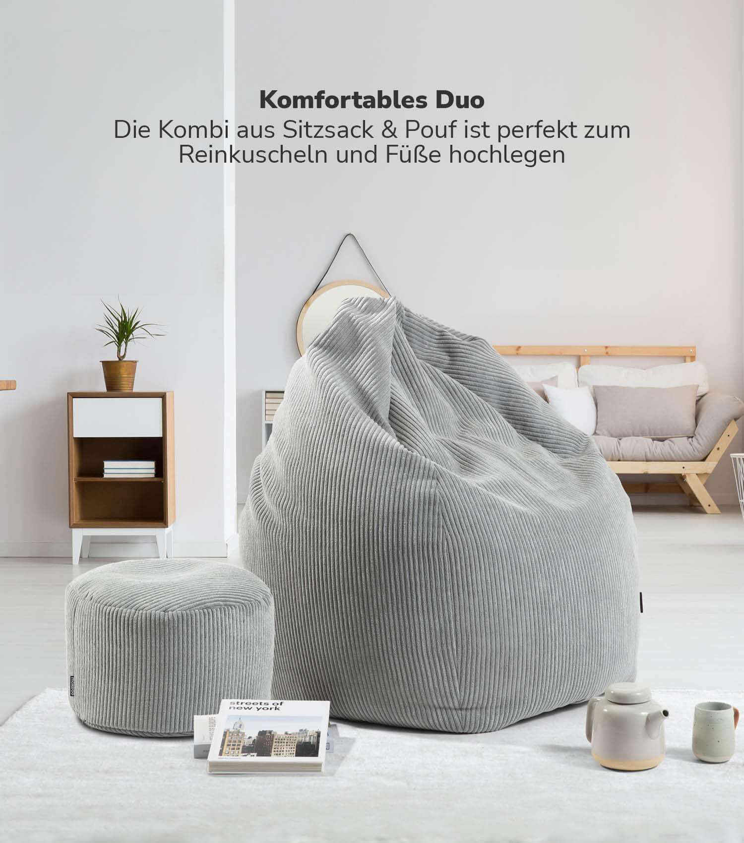 SITZSACK Cord mit Hocker Der Tagträumer - Grau, Textil (180/80/80cm) - Mokebo