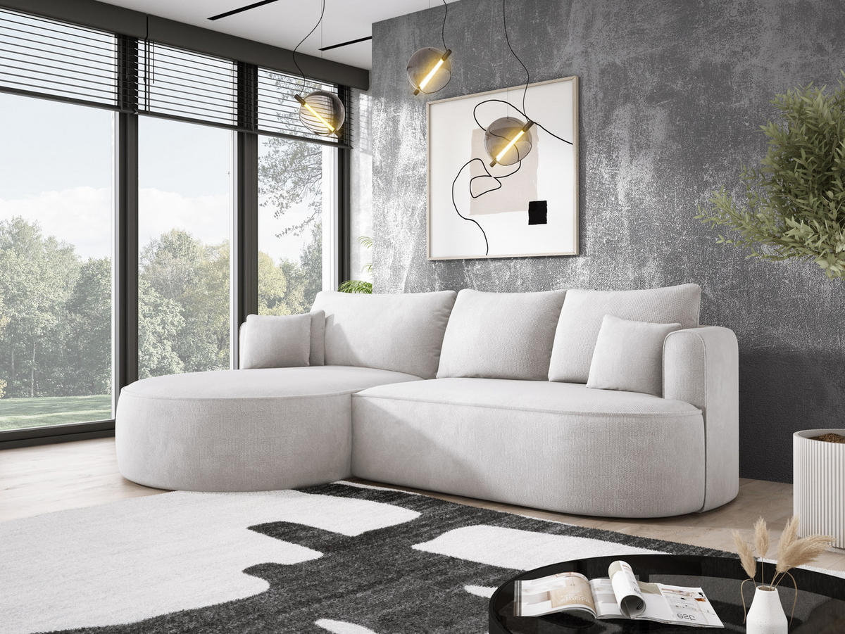 ECKSOFA FIORE-L Moderne Ausziehbare Schlaf-Funktion, automatischer Auffaltung, lose Rückenkissen freistehend LINKS 284x183x82 cm cm White - Weiß Hochglanz, Holz/Textil (183/284cm) - DomoHome