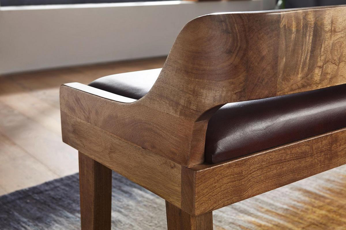 SITZBANK – Echtleder, 108 cm, mit Rückenlehne, Beine Massivholz - Braun, Mangoholz/Leder (108/63/43cm) - KADIMA DESIGN