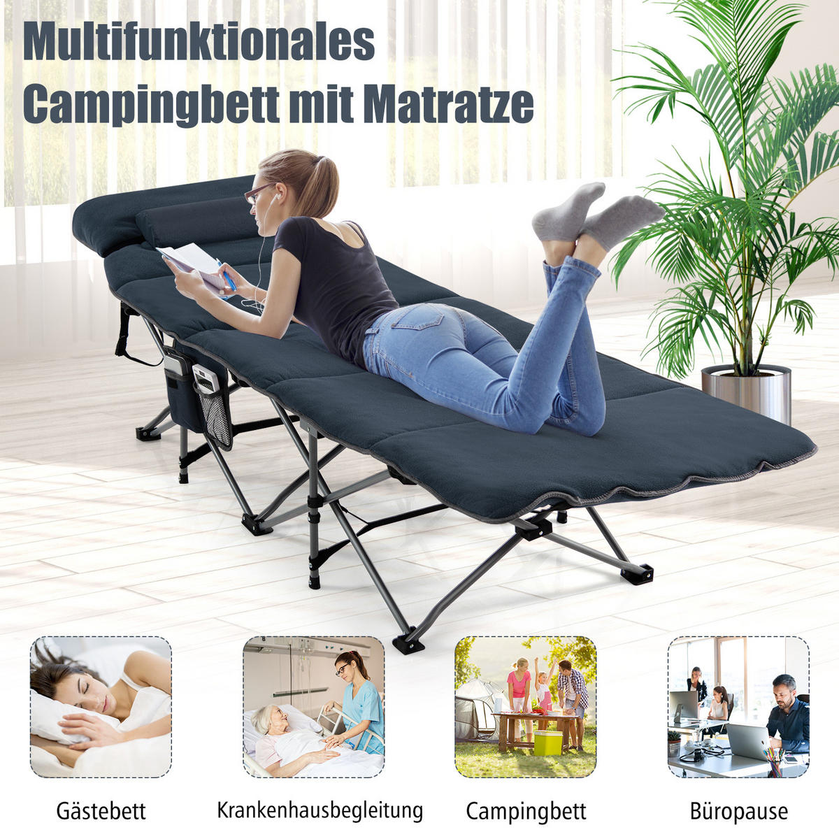 CAMPINGBETT Mit Matratze+Kissen Blau - Blau, Metall - COSTWAY