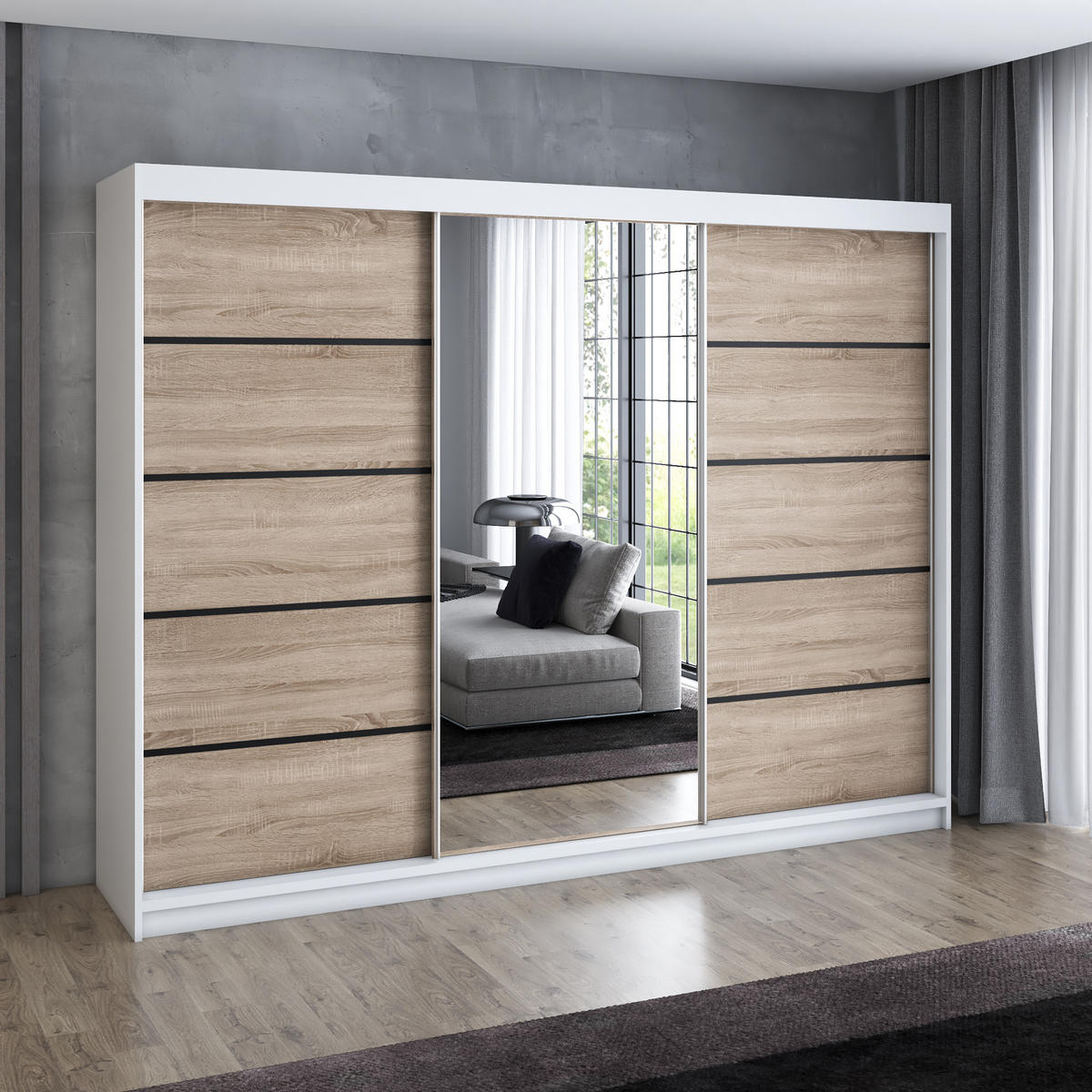SCHWEBETÜRENSCHRANK 200 cm VILANO 2 Farbe: Weiß, Sonoma - Weiß/Braun, Holzwerkstoff (200/215/59.5cm) - A&J MöbelLand