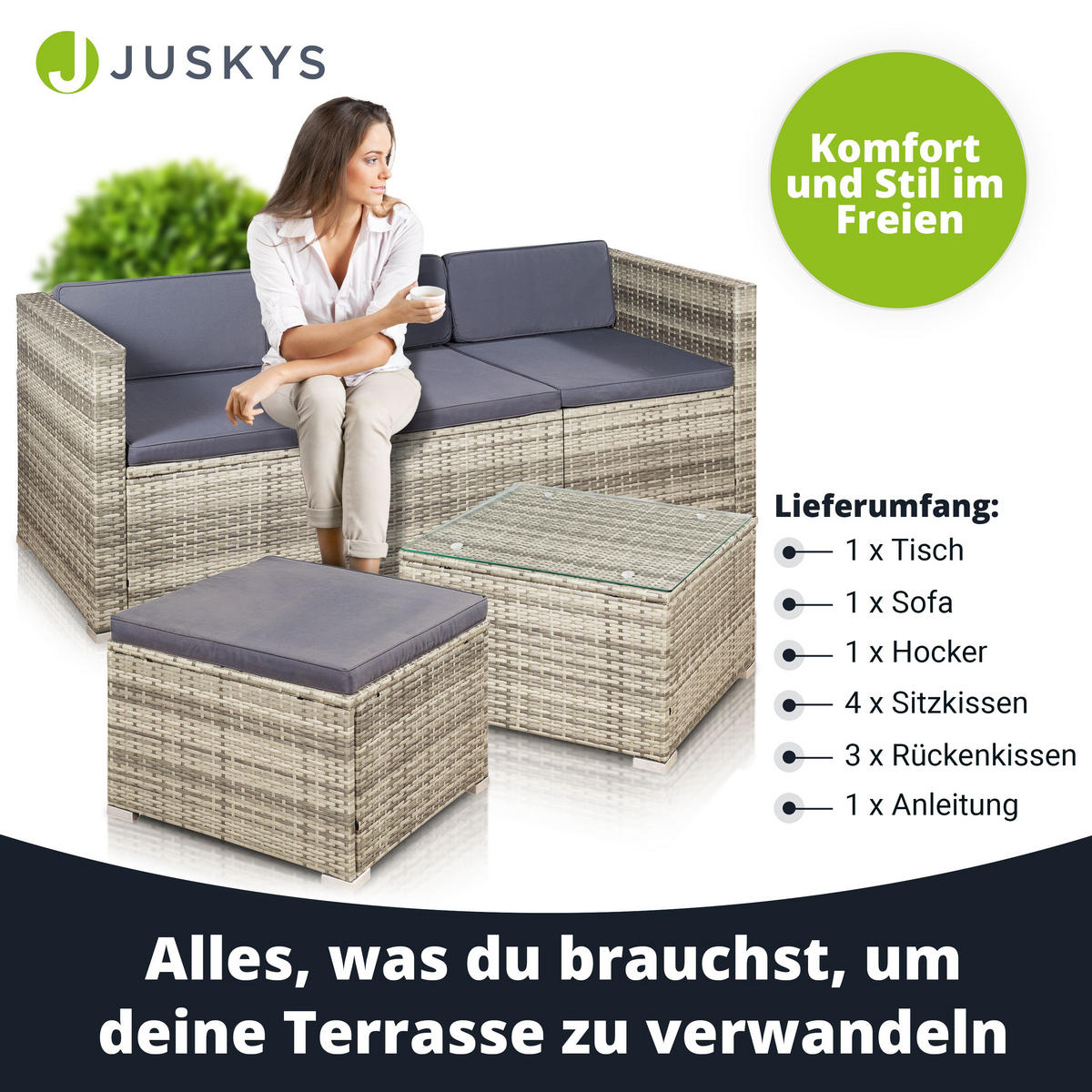 LOUNGEGARNITUR Punta Cana 3-tlg. - Beige/Grau, Kunststoff/Metall - Juskys