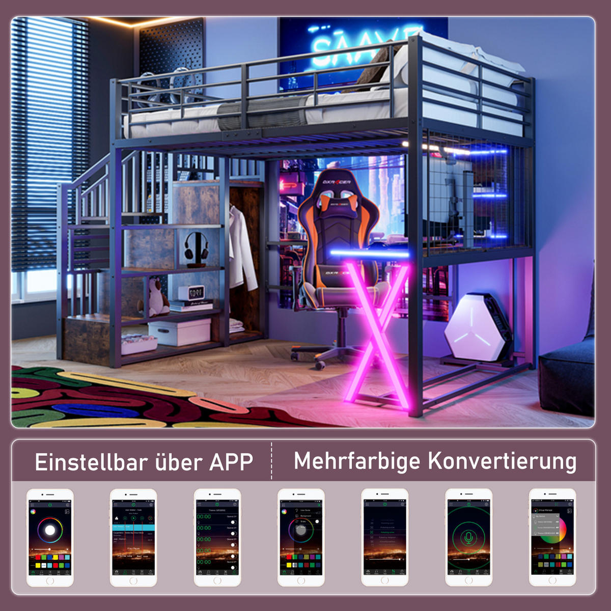 HOCHBETT 140/200 cm aus Metall und MDF mit LED-Beleuchtung, Schreibtisch und Kleiderschrank Schwarz - Schwarz, Metall (140/200cm) - Modenvie