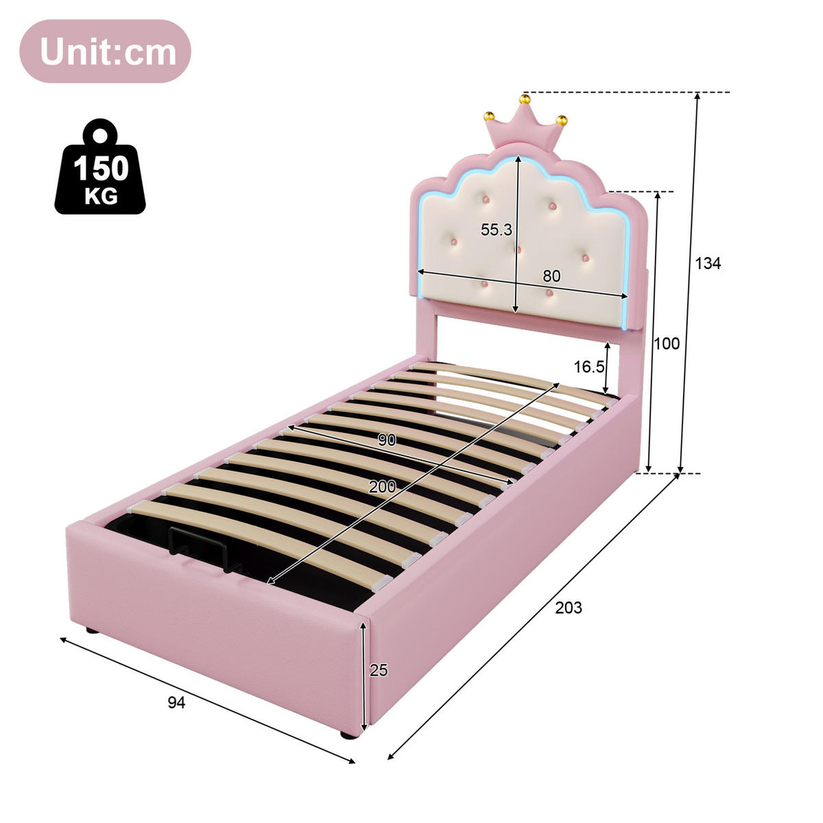 ČALÚNENÁ posteľ 90/200 cm ružová s LED osvetlením a úložným priestorom z PU a MDF - ružová, plast (90/200cm) - OKWISH