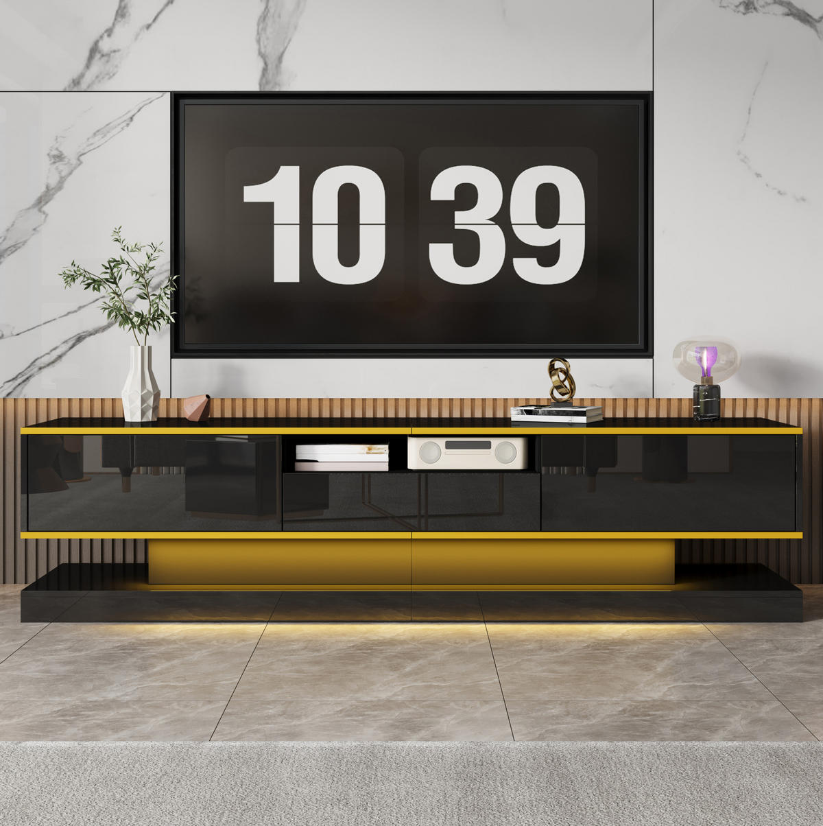 TV-ELEMENT mit 3 Schubladen 180 x 38 x 45 cm Schwarz Hochglanz mit LED - Schwarz, Holzwerkstoff (38/45/180cm) - Beauniv