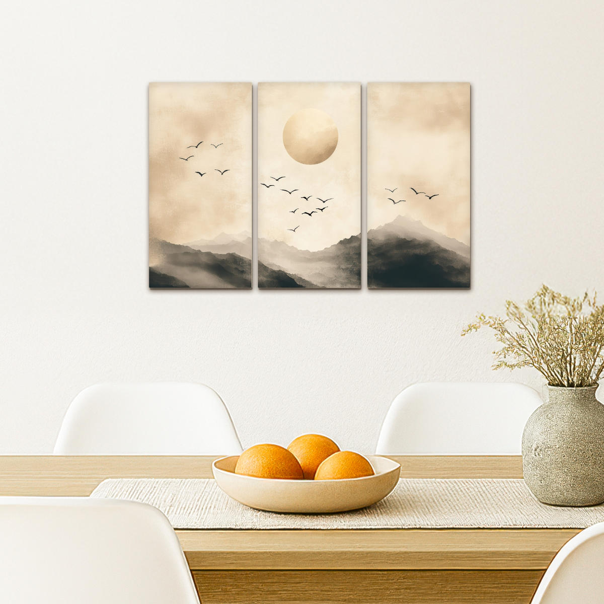 LEINWANDBILD 3er Set Landschaft - Japandi - Beige - Vögel 60x40 cm - Beige, Textil (60/40cm) - MuchoWow